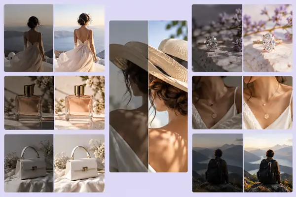 A refined collage of edited fashion, jewelry, and portrait photographs with before-and-after compositions on a pale lavender background.