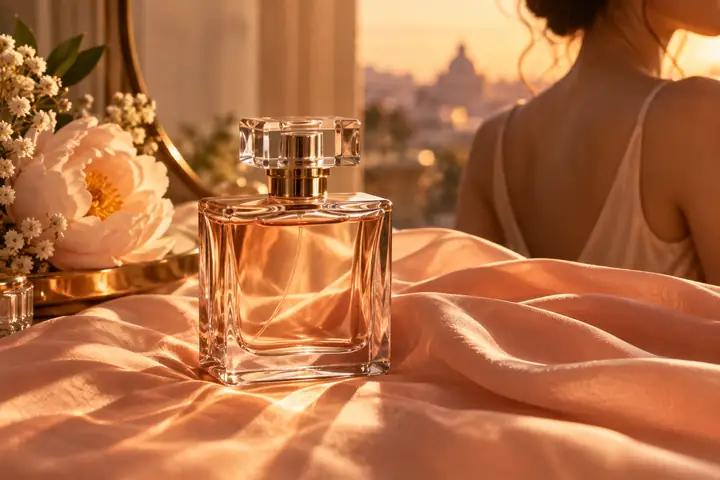 A glass perfume bottle on peach fabric, photographed with warm sunlight and elegant reflections.