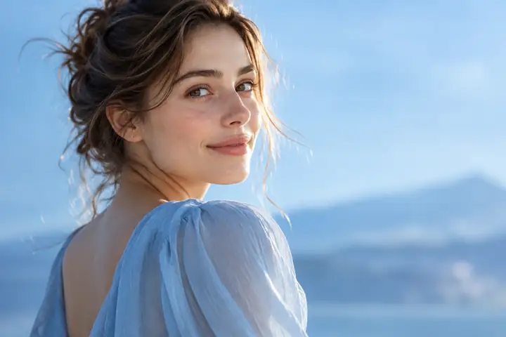 A softly lit editorial portrait with natural skin detail and a calm blue background.