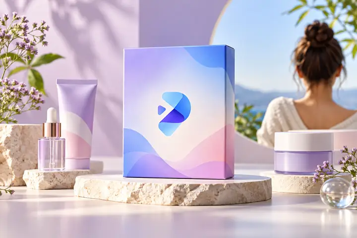 Colorful skincare packaging presented on a clean pastel studio background with gentle shadows.