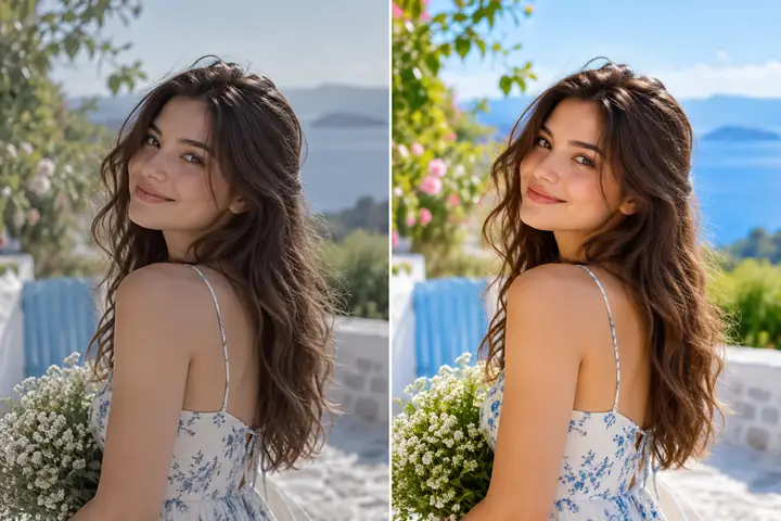 A vibrant outdoor portrait shown as a refined before-and-after photo edit, with soft greenery and a pastel blue setting.