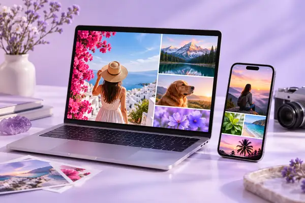 A slim silver laptop and a modern phone displaying colorful photo editing inspiration on a pale lavender studio background.