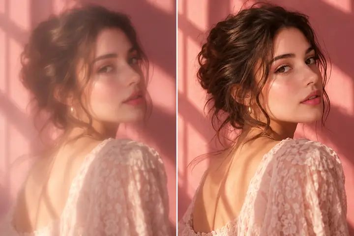 An editorial portrait of a woman in warm pink light, presented in a side-by-side soft and detailed comparison.