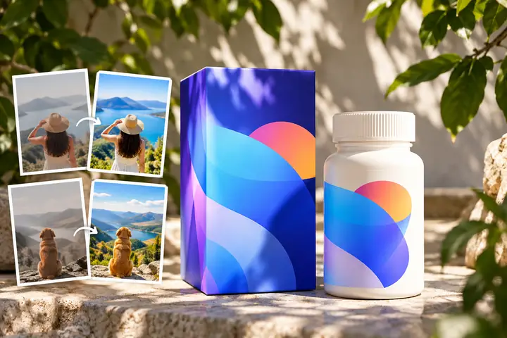 Brightly colored product packaging and a white bottle arranged among leafy shadows, with small before-and-after photo editing previews.