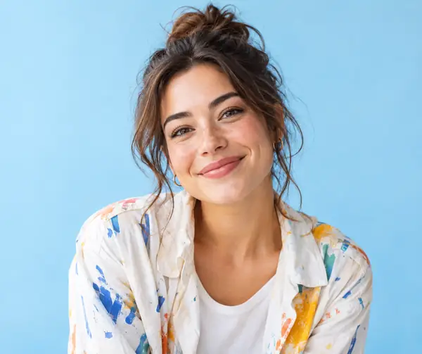 Warm head-and-shoulders portrait of a small business creative against a light blue background.