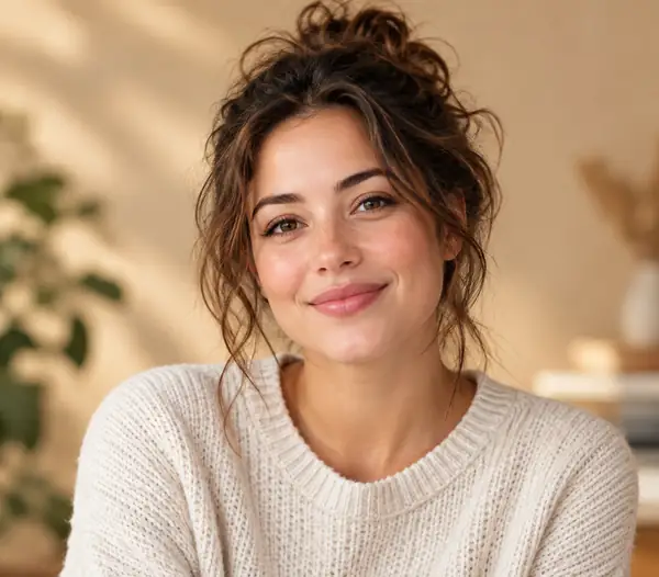 Friendly head-and-shoulders portrait of a creative professional against a warm neutral background.