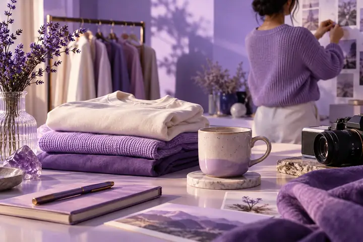 A neatly arranged product photography composition with apparel, a ceramic cup, and soft lavender studio lighting.