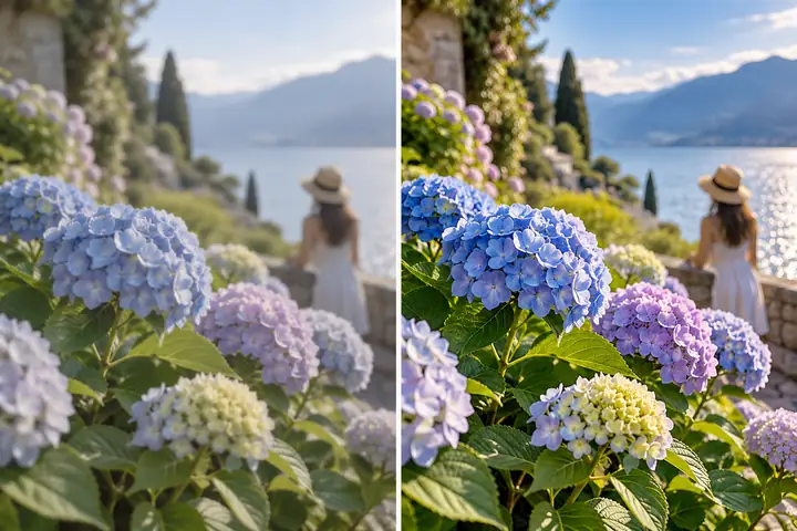 A side-by-side comparison of a botanical photograph before and after sharper detail and clearer color.