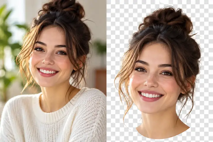 A cheerful portrait paired with a neatly isolated face against a light checkerboard background.