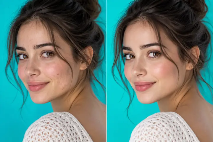 A close-up portrait shown in a subtle before-and-after comparison against a bright teal backdrop.