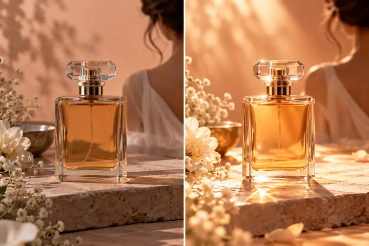 A clear amber perfume bottle in a warm peach studio scene, shown in a clean editing comparison.
